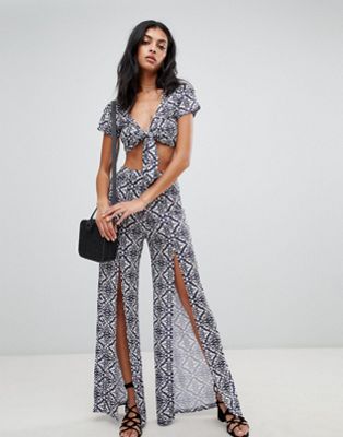 DESIGN mosaic tile split front jersey beach two-piece pants