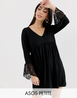 DESIGN Petite v neck swing dress with flared lace cuffs