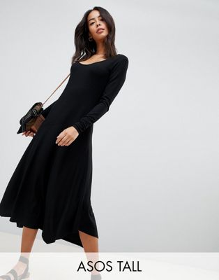 DESIGN Tall scoop neck rib midi dress with asymmetric skirt