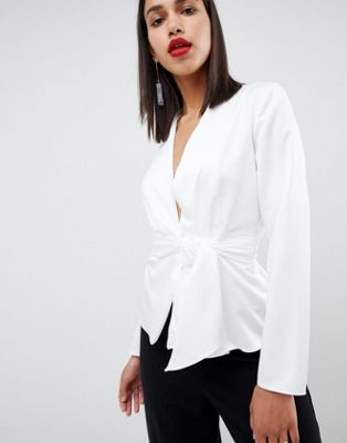DESIGN satin wrap top with tie waist detail