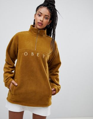 Obey half zip sweatshirt with front logo in teddy fleece