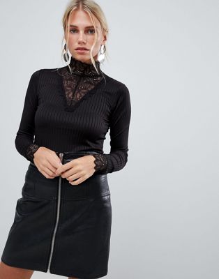 Y.A.S long sleeve ribbed jersey top with high neck lace detail