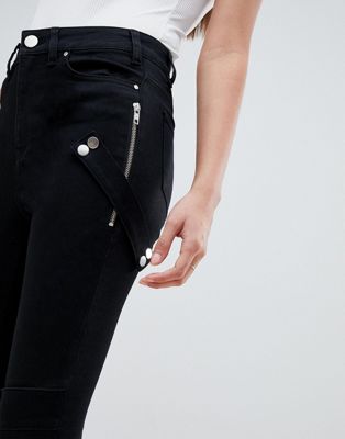 DESIGN Ridley high waist skinny jeans in clean black with biker zip detail