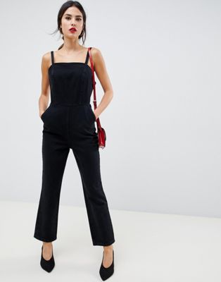 DESIGN denim strappy jumpsuit in washed black