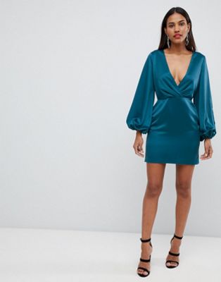 DESIGN satin mini dress with blouson sleeve