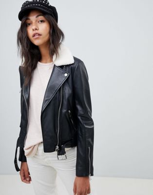 Lab Leather Biker Jacket with Detachable Faux Fur Collar