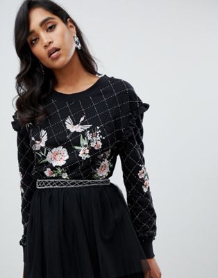 Frock And Frill embroidered and embellished jersey sweater in black