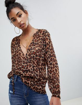 DESIGN sheer oversized wrap blouse with tie neck in animal print