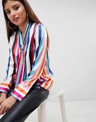 DESIGN plunge blouse with pussybow in bright stripe