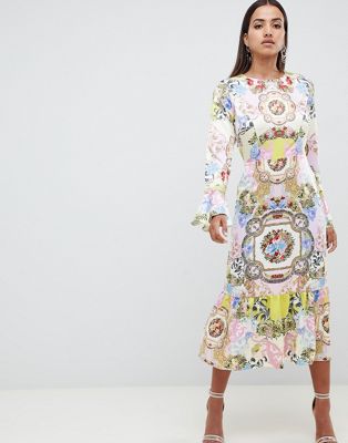 DESIGN maxi dress with pephem in scarf print