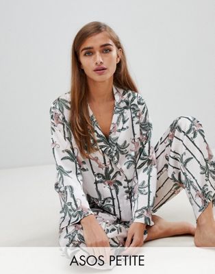 DESIGN Petite monkey print double breasted shirt and PANTS pyjama set