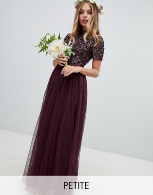 Maya Petite high neck maxi tulle dress with tonal delicate sequins in berry