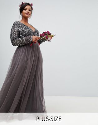 Maya Plus long sleeve wrap front maxi dress with delicate sequin and tulle skirt in charcoal