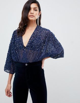 DESIGN body in sequin embellishment with plunge wrap and kimono sleeve