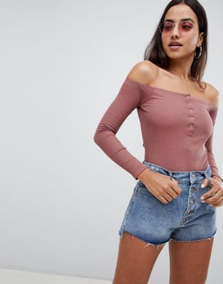 Missguided Button Front Ribbed Bardot Body