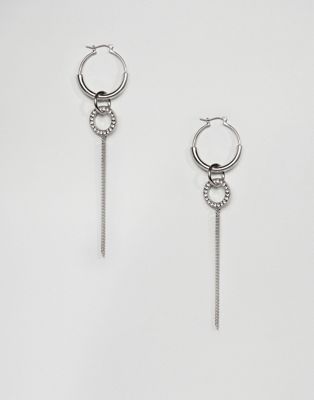 DESIGN hoop earrings with crystal studded ring and chain strands in silver