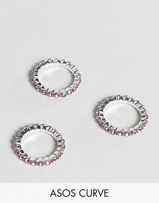 DESIGN Curve pack of 3 rings with pastel crystals in silver