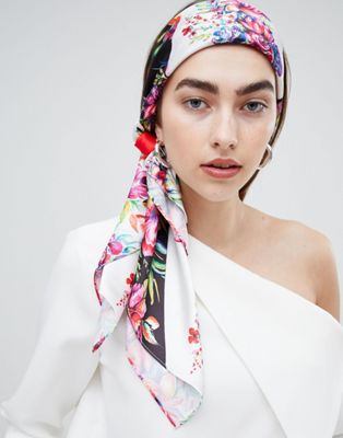 DESIGN large square polysatin headscarf/neckscarf in spliced floral