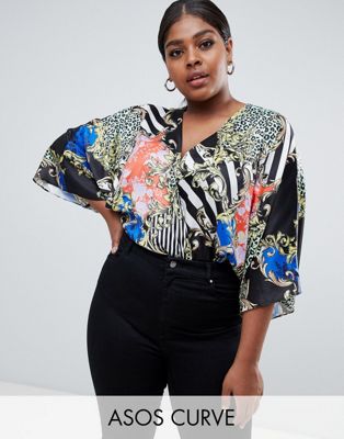 DESIGN Curve ruched batwing body in baroque print