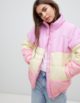 Daisy Street padded jacket in pastel rainbow stripe