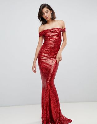 City Goddess Bardot Sequin Maxi Dress With Bow Detail