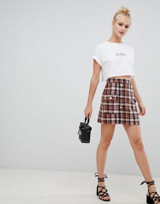 DESIGN boucle check double breasted mini skirt with pearl buttons