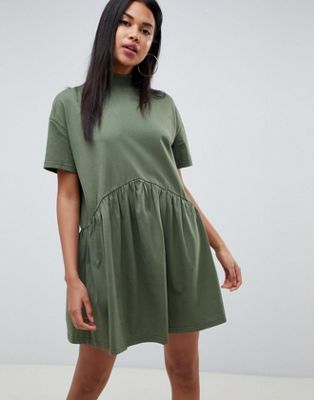 DESIGN oversized mini cotton smock dress with high neck