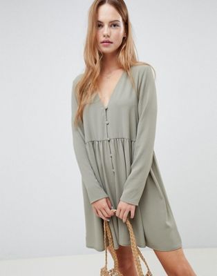 DESIGN smock mini dress with button through