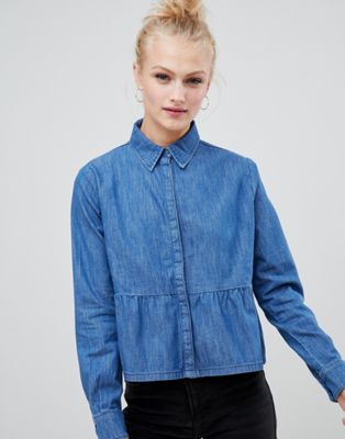 DESIGN denim shirt with ruffle hem in midwash blue