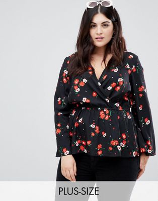 Influence Plus wrap front floral blouse with flared sleeves