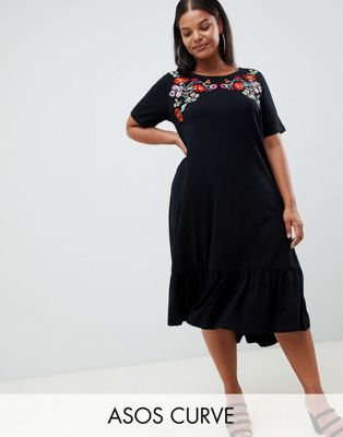 DESIGN Curve midi drop hem t-shirt dress with embroidery