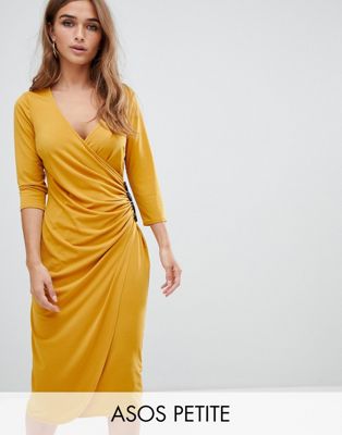 DESIGN Petite ruched midi wrap dress with contrast buttons