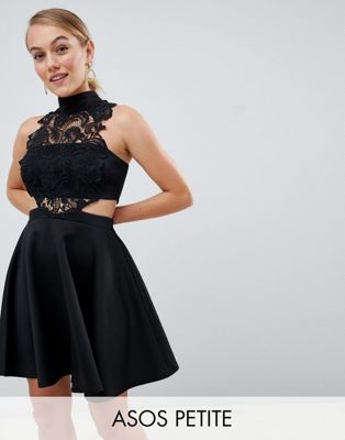 DESIGN Petite high neck lace skater mini dress