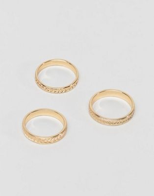 DESIGN pack of 3 rings with engraved detail in gold