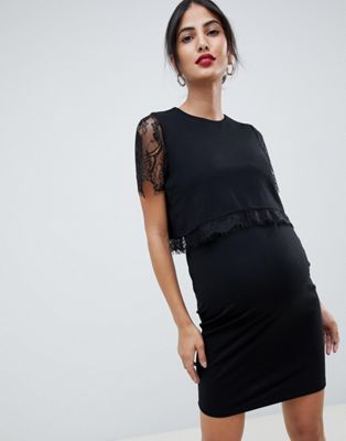 DESIGN Maternity nursing double layer bodycon dress with lace trim