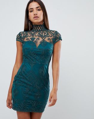 Love Triangle all over cut work lace high neck mini dress in green