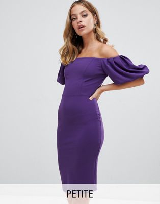 John Zack Petite bardot midi dress with exaggerated sleeve in purple