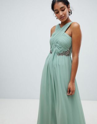 Little Mistress ruched maxi dress with embellished detail