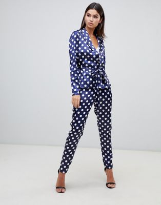 Boohoo satin tapered pants in navy polka dot