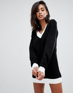 Boohoo v neck stripe sweater dress in mono