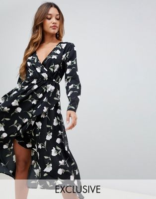 Boohoo ruffle wrap midi dress in floral