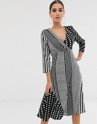 Boohoo mixed polka dot and stripe midi dress in mono