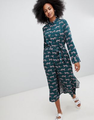 Monki Tiger Placement Print Tie Front Midi Dress