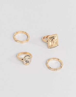 DESIGN pack of 4 rings with vintage style icon design and engraved band in gold