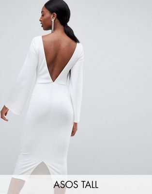 DESIGN Tall high neck bodycon midi dress with open back and flared sleeve