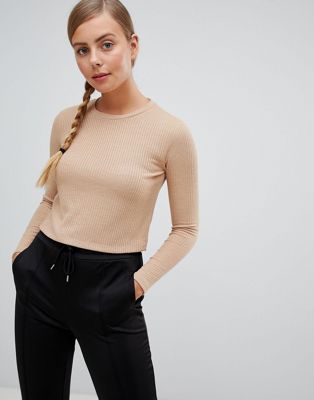 Monki Ribbed Crop Long Sleeve T-Shirt In Beige