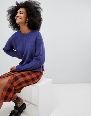 Monki Ribbed Wide Cuff Sweater In Navy