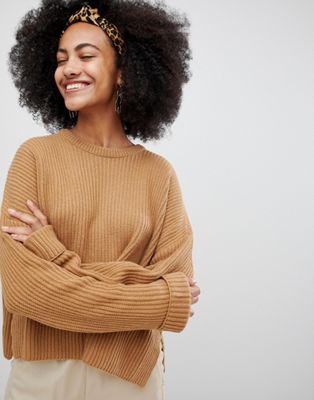 Monki Ribbed Wide Cuff Sweater In Camel Unique