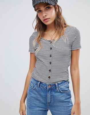 New Look Stripe Rib Button Through Tee