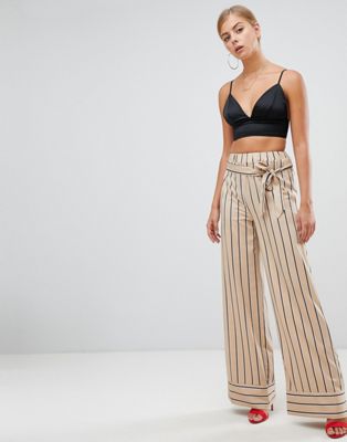 Missguided wide leg tie waist stripe pants in nude